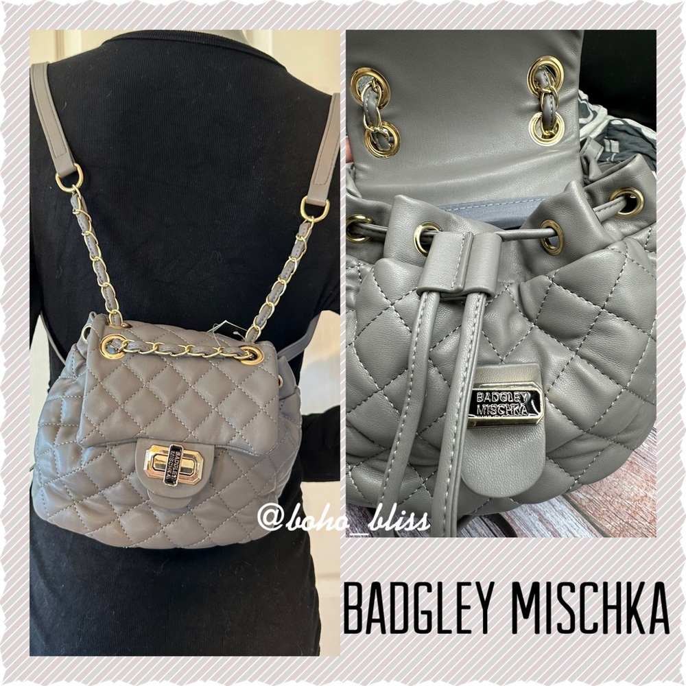 BADGLEY MISCHKA | Quilted Gray Drawstring Mini Backpack NWT